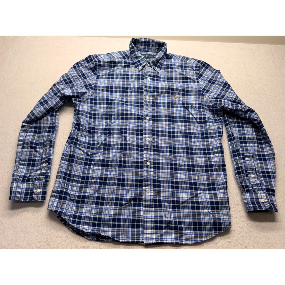 Ralph Lauren Mens XL Classic Fit Blue Plaid Cotton Button Down Shirt Long Sleeve